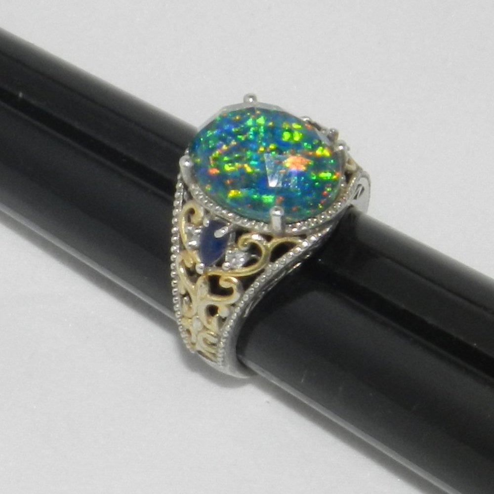 Vintage  Blue Fire Opal 925 Sterling Silver Ring Size 8.5 Women's - Picture 5 of 14